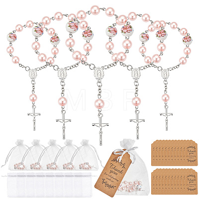 50Pcs Plastic Imitation Pearl and Porcelain Round Link Metal Virgin Cross Charm Rosary Bracelets BJEW-WA0001-07B-1