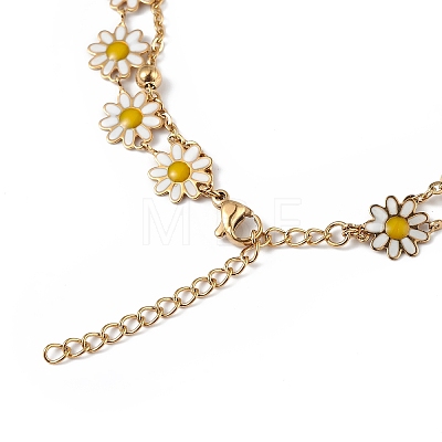 Enamel Daisy Flower Link & Satellite Chains Double Layer Multi-strand Bracelet BJEW-G669-09G-1