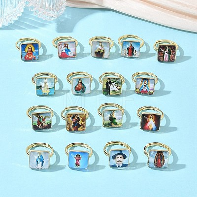 Brass Epoxy Cuff Open Rings for Women RJEW-K264-17G-1