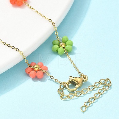 304 Stainless Steel & Synthetic Stone Daisy Flower Chain Anklets for Women AJEW-B031-01G-03-1