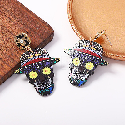 Halloween Printed Acrylic Skull with Hat Pendant Dangle Earrings for Women WG1141F-01-1
