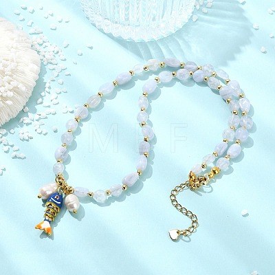 Brass Enamel Fish and Natural Pearl Rice Pendant Natural Blue Lace Agate Nuggets Beaded Necklaces for Women NJEW-JN06357-02-1