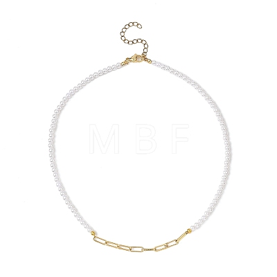 4MM White Round ABS Plastic Imitation Pearl Beaded & 304 Stainless Steel Paperclip Chain Necklaces NJEW-JN05676-1