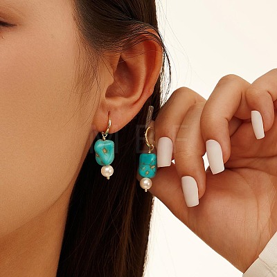 Natural Turquoise Beaded Hoop Earrings EJEW-L294-006G-1