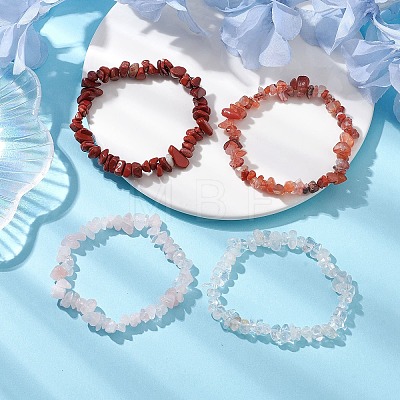 4Pcs Natural Quartz Crystal & Rose Quartz & Red Jasper & Red Agate Chip Beaded Stretch Bracelet Sets BJEW-JB10775-02-1