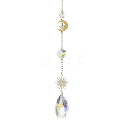 Glass Crystal Balls & Brass Sun Moon Pendant Ornament HJEW-JM02158-1