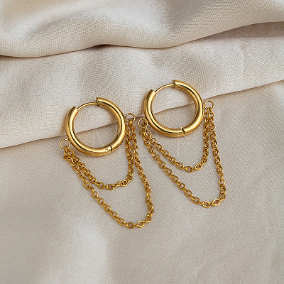 304 Stainless Steel Double Chain Tassel Hoop Earrings for Women MX0764-1