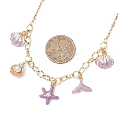 Ocean Alloy Enamel Whale Tail Shell Shape Starfish Pendant Brass Cable Chain and 304 Stainless Steel Satellite Chain Bib Necklaces for Women NJEW-JN05815-03-1