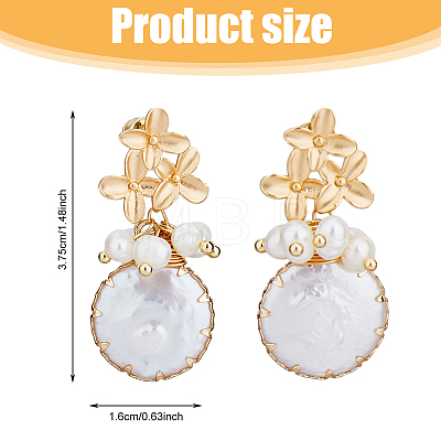 FIBLOOM 1 Pair Shell Pearl Dangle Stud Earrings EJEW-FI0002-22A-1