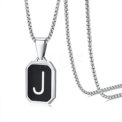 304 Stainless Steel Black Enamel Rectangle with Initial Pendant Box Chain Necklaces WG7737E-17-1