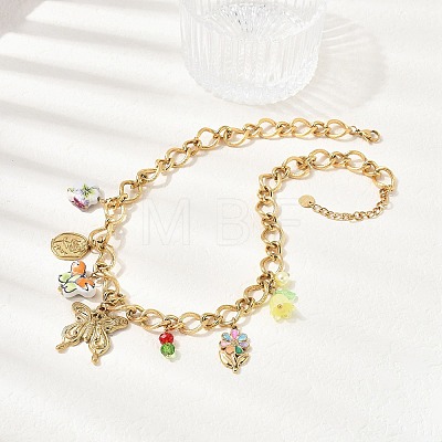 304 Stainless Steel Butterfly & Acrylic & Ceramic Flower Pendant Necklaces for Women NJEW-A063-13G-1