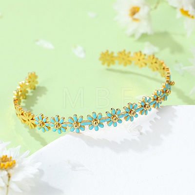 304 Stainless Steel Enamel Flower Open Cuff Bangles for Women BJEW-S152-01G-01-1