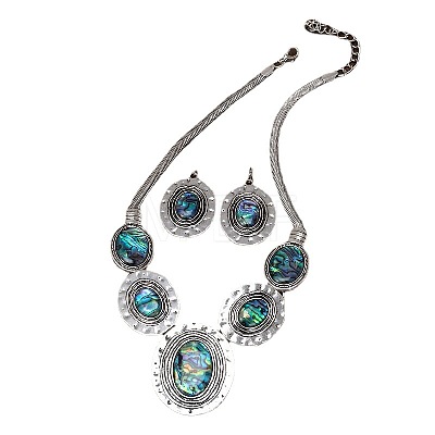 Oval Alloy & Paua Shell Pendant Necklace & Dangle Earring Sets FS-WG1A0FD-01-1