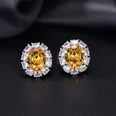 Brass Micro Pave Cubic Zirconia Oval Stud Earrings for Women LC6425-5-1