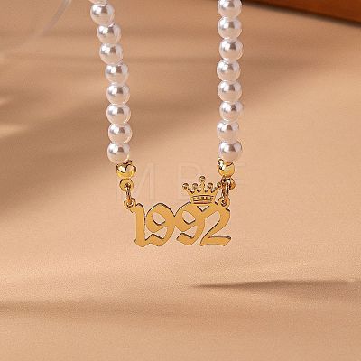 Alloy Crown Birth Year Pendant Imitation Pearl Round White Beaded Necklaces for Women FS-WG173C9-32-1