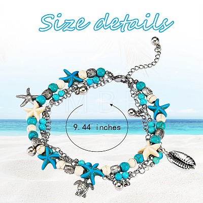 Synthetic Turquoise Beads Multi-strand Anklet AJEW-SW00008-1