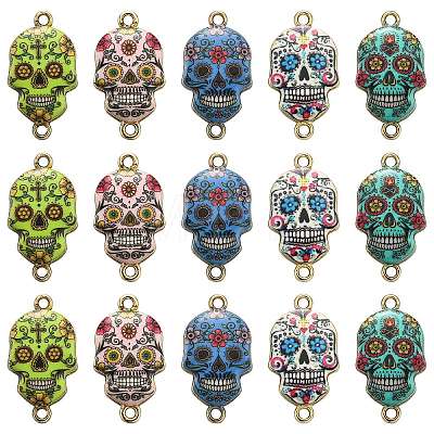 25Pcs 5 Styles Cinco de Mayo Sugar Skull Alloy Enamel Connector Charms ENAM-CJ0003-53-1