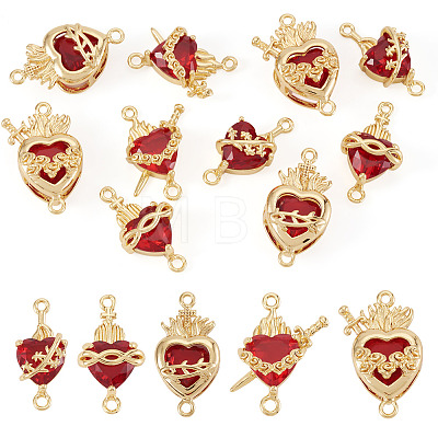 10Pcs 5 Styles Brass with Glass Dark Red Sacred Heart Connector Charms KK-TA0008-63-1