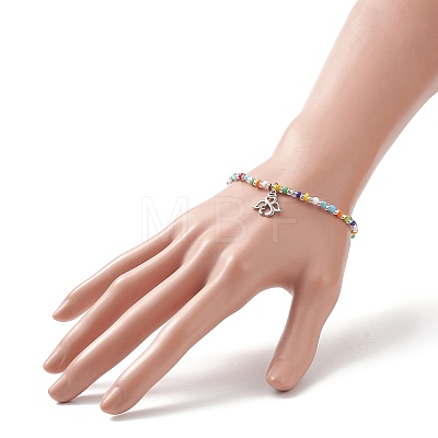 Colorful Seed Beaded Stretch Bracelet with Brass Charms for Women BJEW-JB09218-03-1