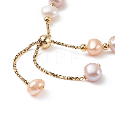 Dyed Natural Pearl & Brass Round Beaded Slider Bracelet BJEW-JB09008-02-1
