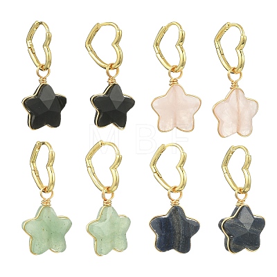 Brass & Natural Green/Blue Aventurine & Quartz Crystal & Rose Quartz & Obsidian Hoop Dangle Earrings EJEW-JE07236-1