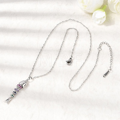 201 Stainless Steel Pave Colorful Cubic Zirconia Fish Bone Pendant Necklaces for Women NJEW-C111-02B-P-1