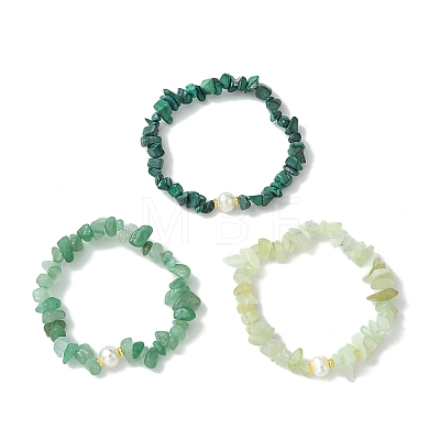 3Pcs 3 Styles Natural Mixed Gemstone Chip & Cultured Freshwater Pearl Beaded Stretch Bracelets Set for Women BJEW-JB13762-02-1