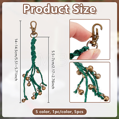 5Pcs 5 Colors Brass Bell Charm with Jute Cord Pendant Decoration HJEW-OC00356-1