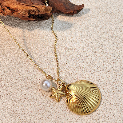 Ocean 304 Stainless Steel & Plastic Pearl Sea Animals Pendant Necklaces WG47216-02-1