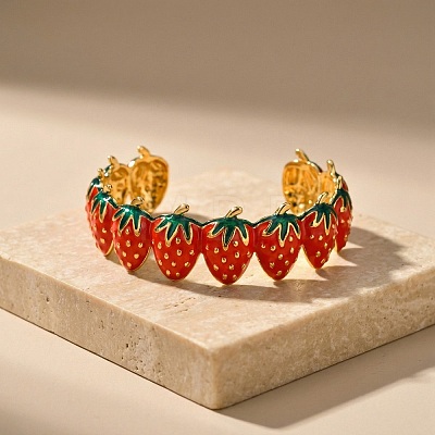 304 Stainless Steel Enamel Red Strawberry Open Cuff Bangles for Women WG62D08-01-1