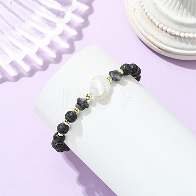 Natural Lava Rock & Larvikite & Selenite & Freshwater Shell Beads Stretch Bracelets for Women Men BJEW-JB13759-1