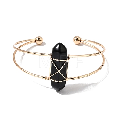Brass Wire Wrapped Natural Obsidian Hexagon Point Cuff Bangles for Women BJEW-L719-01G-04-1
