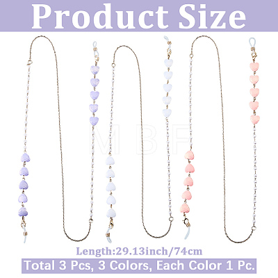 3Pcs 3 Colors Iron & Resin Heart Eyeglasses Chains AJEW-CN0007-85-1