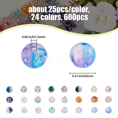 BENECREAT 600Pcs 24 Colors Transparent Crackle Glass Beads GLAA-BC0001-26-1
