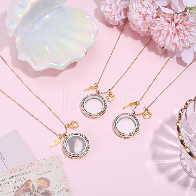 3Pcs Alloy Crystal Rhinestone Wing Paw Print and Glass Magnetic Flat Round Locket Pendant Ball Chain Necklaces for Women NJEW-DR00041-1