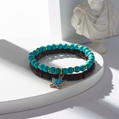 Natural Coconut & Synthetic Turquoise(Dyed) Beads Stretch Bracelets Set BJEW-JB07168-1