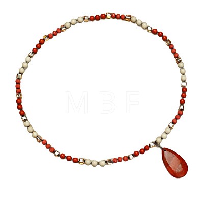Natural Red Jasper Flat Teardrop Pendant Round Gems and Cube Glass Beaded Long Necklaces for Women FS-WG9FE58-05-1