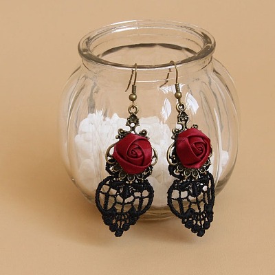 Alloy Rose Lace Ribbon Dangle Earrings FS-WGCF5EC-02-1