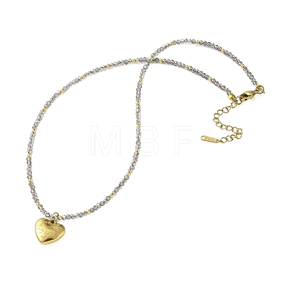 304 Stainless Steel I Love You Heart Pendant Gray Faceted Glass Beaded Necklaces for Women NJEW-F370-01B-G-1