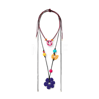 Resin and Wood Flower Conch Shape Pendant Waxed Cord Double Layer Necklaces for Women WG7D97B-01-1