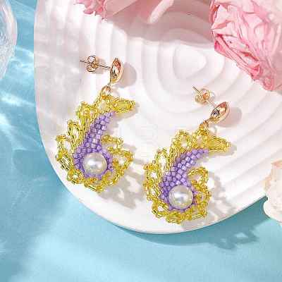 Glass Seed Bead & Glass Pearl Bead Conch Dangle Stud Earrings for Women EJEW-MZ00269-02-1