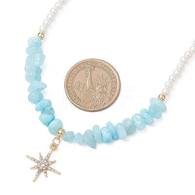 Alloy Crystal Rhinestone Star Pendant Natural White Jade Chip and Round White Glass Pearl Beaded Necklaces NJEW-JN05696-02-1