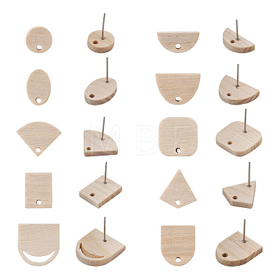  40Pcs 10 Styles Fan & Rectangle & Flat Round & Oval Ash Wood Stud Earring Findings EJEW-TA0001-18-1