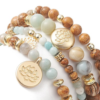 Natural Flower Amazonite & Picture Jasper Beaded Stretch Bracelets Sets with Non-Magnetic Synthetic Hematite BJEW-JB09280-1