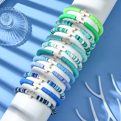 12Pcs 12 Colors Polymer Clay Disc Beaded Stretch Bracelet Sets BJEW-JB10736-1