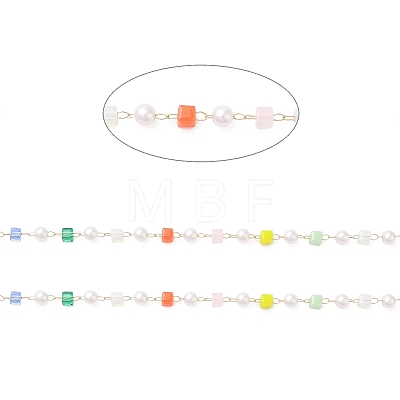 Faceted Cube Glass & ABS Plastic Imitation Pearl Beaded Chains CHS-G026-02KCG-03-1