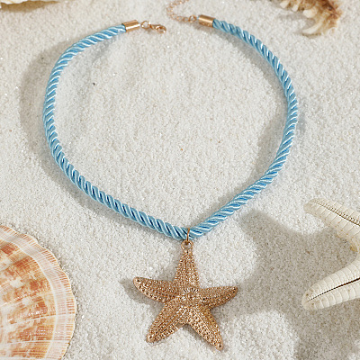 Ocean Alloy Starfish Pendant Twisted Cotton Cord Necklaces FS-WG595AC-07-1