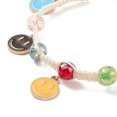 Round Glass Braided Bead Bracelet with Alloy Enamel Smiling Face Charm for Women BJEW-JB08233-04-1