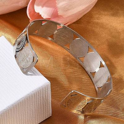 Religion Theme 304 Stainless Steel Cuff Bnagles for Women BJEW-Q011-01P-1