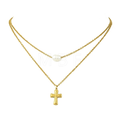 Natural Pearl Rice and 304 Stainless Steel Pendant Double Layer Necklaces for Women NJEW-JN06211-01-1